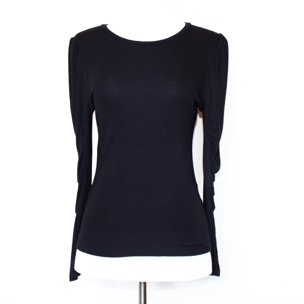 Bar III Black Ruched Sleeve Ribbed Knit Top Medium